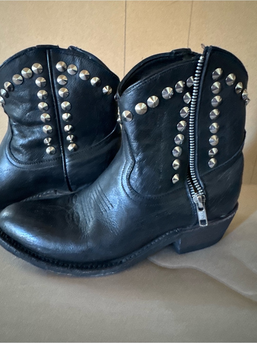 Ash Black Leather Studded Ankle Booties with Side Zip